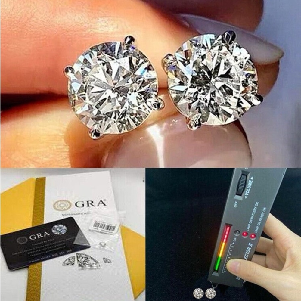 GRA Moissanite 18k White Gold Plate Black Card /Certificate 8MM 2 CT Super Shiny